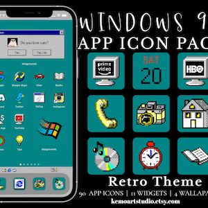 Peut inclure: Un pack d'icônes d'applications numériques avec une esthétique Windows 95 sur fond sarcelle. L'écran affiche des icônes pixélisées pour diverses applications, une fenêtre contextuelle avec un chat et le texte Do you love cats, et une barre des tâches.