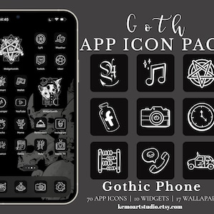 Może przedstawiać: Czarny ekran smartfona z pakietem ikon aplikacji Goth. Białe ikony na czarnych kwadratach przedstawiają symbole takie jak pentagram, nuta muzyczna i aparat fotograficzny. Tekst "Goth APP ICON PACK" znajduje się na górze.