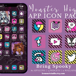 May include: A mobile phone screen showcases a "Monster High" app icon pack. The icons are in pink, black, and white, with character illustrations. The text "Bring Spooky" is displayed, along with the Etsy shop URL.
