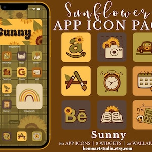 May include: A phone screen shows a custom app icon pack with a sunflower theme. The icons are in shades of yellow, brown, and green. The pack includes 80 app icons, 8 widgets, and 20 wallpapers. The word "Sunny" is displayed.