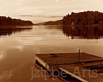 Fotografía sepia del muelle del lago Adirondack: Impresión artística del lago Long (8x10)