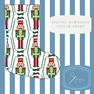 May include: A Christmas stocking with a repeating pattern of pixelated nutcracker soldiers in red, green, and gold on a white background. The stocking is set against a blue and white striped background. Text on the image reads "DIGITAL DOWNLOAD STITCH CHART".
