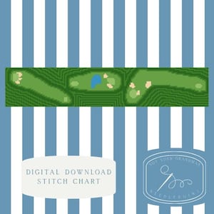 May include: A digital stitch chart with a pixelated golf course design. The chart is green with tan and blue accents, set against a blue and white striped background. The text "DIGITAL DOWNLOAD STITCH CHART" is displayed.