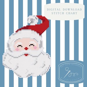 May include: A cross-stitch design of Santa Claus with a red hat and white beard, on a blue and white striped background. The image includes the text "DIGITAL DOWNLOAD STITCH CHART" and a logo that says "NOT YOUR GRANDMAS NEEDLEPOINT".