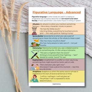 10 Advanced Figurative Language Types – ESL Poster PDF – English Figurative Language Chart – Classroom Decor – A4 Printable for Teachers
