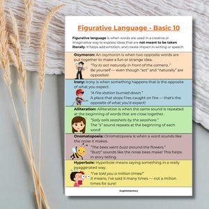 10 Basic Figurative Language Types – ESL Poster PDF – English Figurative Language Chart – Classroom Decor – A4 Printable for Teachers