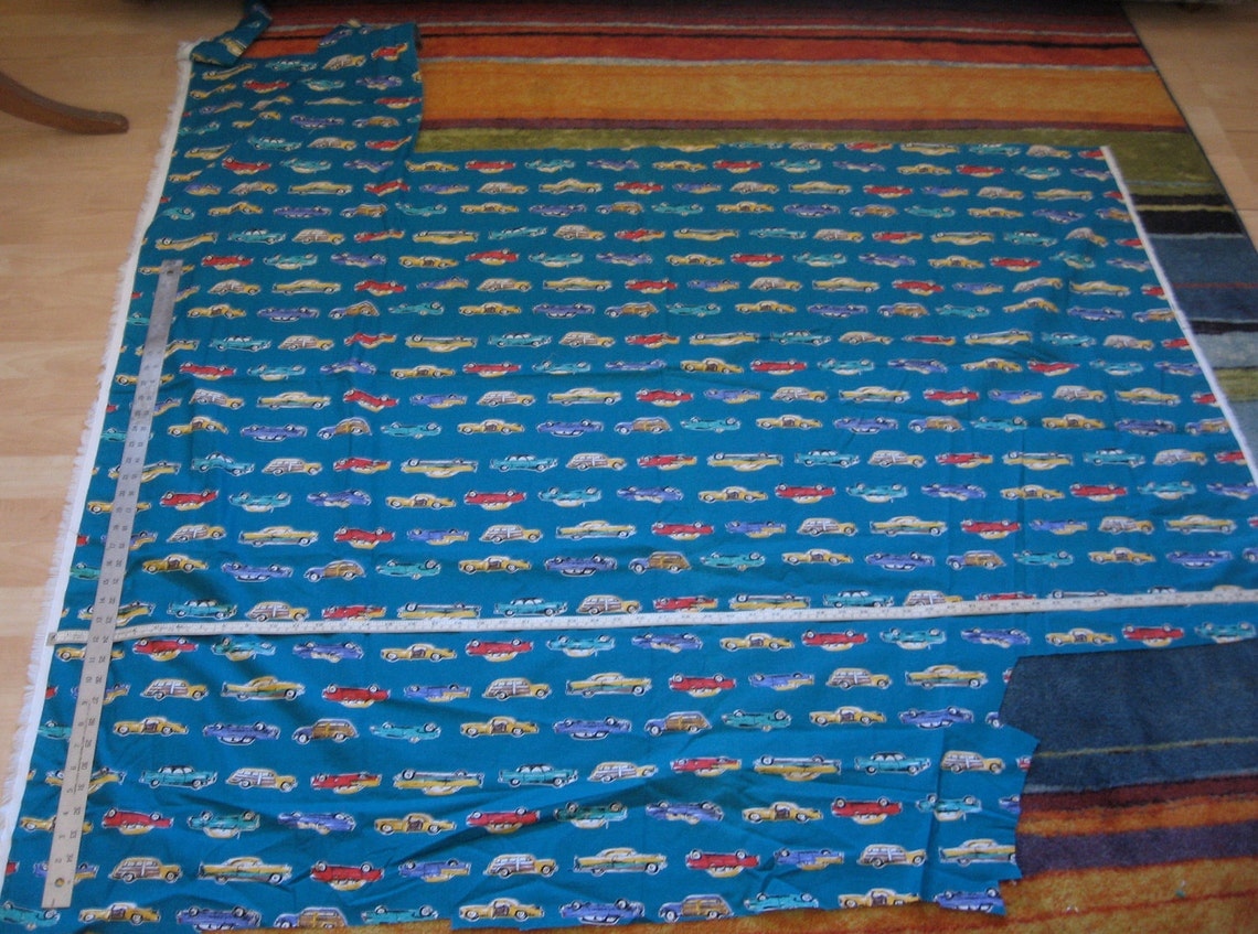 Vintage car print fabric turquoise Etsy