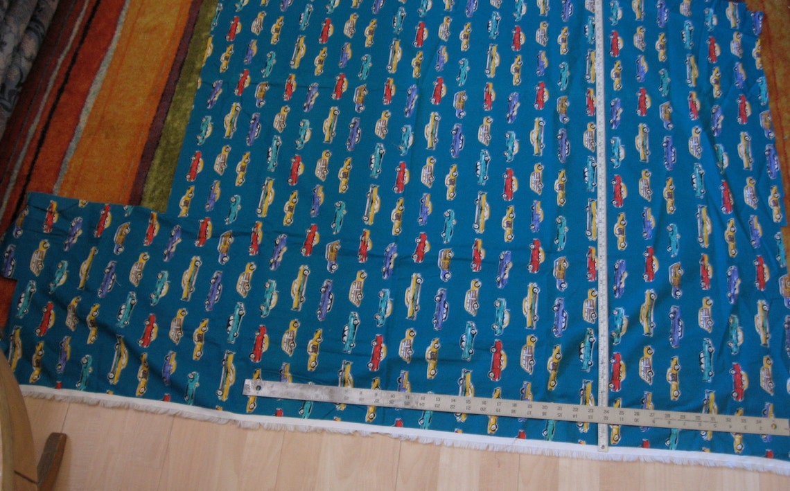 Vintage car print fabric turquoise Etsy