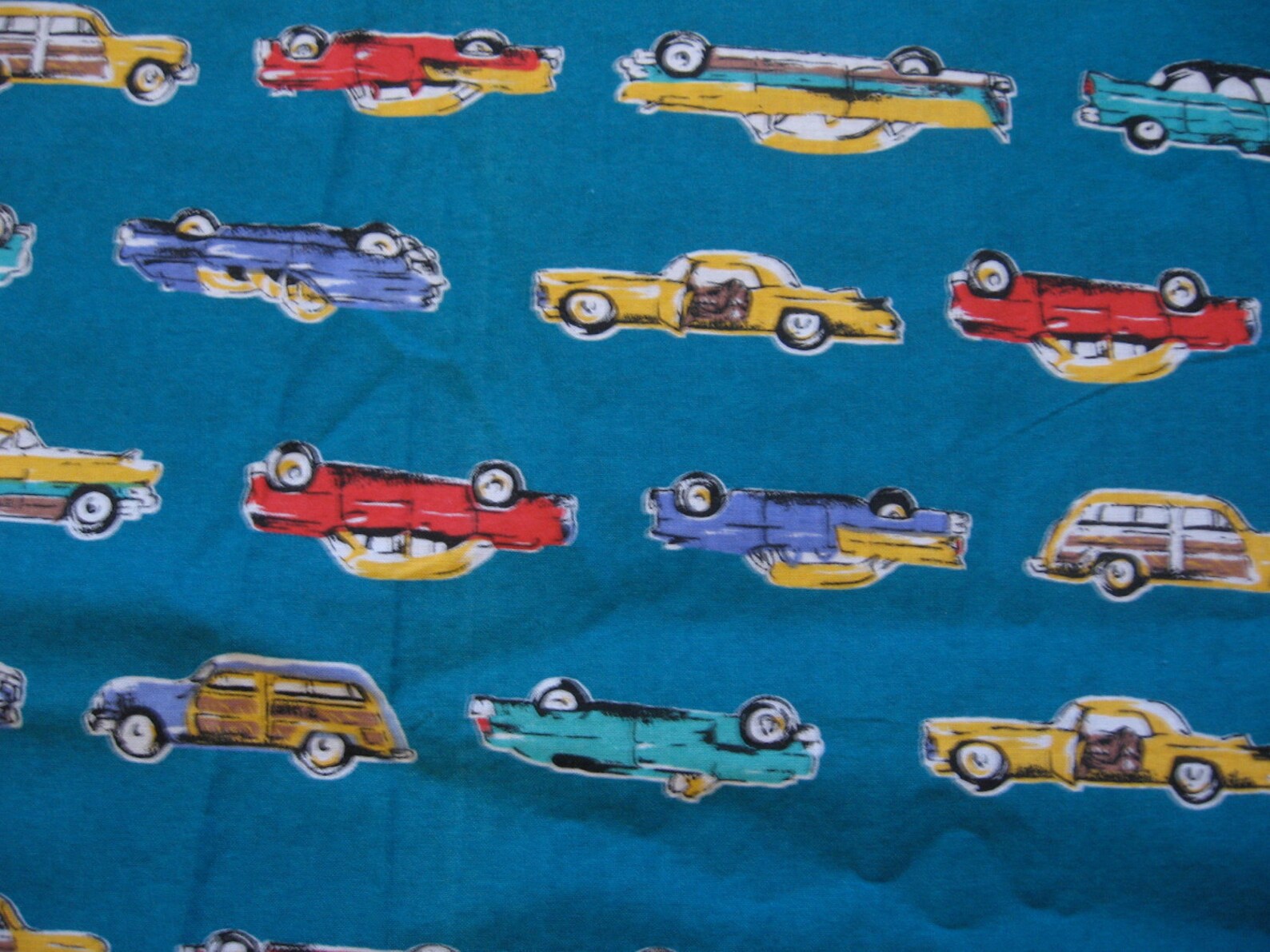 Vintage car print fabric turquoise Etsy