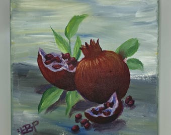 Quadro con melagrana dipinto a mano su tela con bordi dipinti / Regalo portafortuna / Sfondo azzurro / Decorazione murale mediterranea / Quadro per la cucina