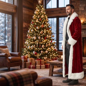 Men's Red Velvet Santa Long Coat | Faux Fur Trimmed Santa Claus Robe | Luxury Christmas Long Trench Coat | Father Christmas Cosplay