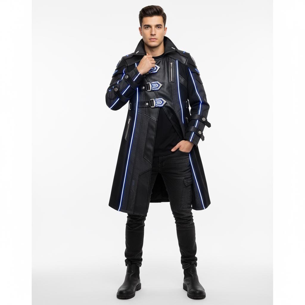 Cyberpunk Black Trench Coat | Futuristic Tech Wear Jacket With Sci