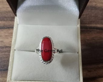 Certified Red Coral (Moonga) Ring in Solid 925 Sterling Silver