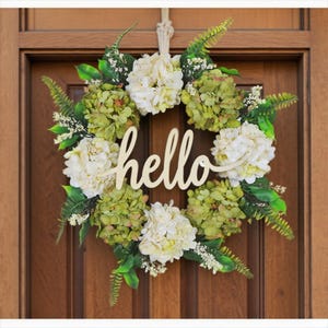 Rustic Artificial Flower Wreath-farmhouse artificial hydrangea wreath, silk hydrangea greenery door hanger, farmhouse hello sign wreath