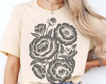 Vintage Botanical Flower SVG PNG, Linocut Flower Design, Black White Peony Shirt Design, Cricut Cut File, Sublimation Digital Png Svg