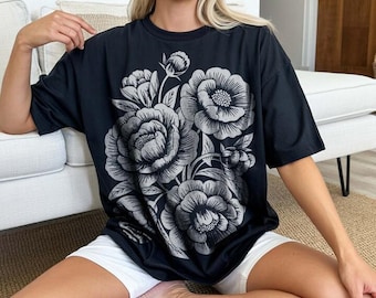 Vintage Botanical Flower SVG PNG, Linocut Flower Design, Black White Peony Shirt Design, Cricut Cut File, Sublimation Digital Png Svg