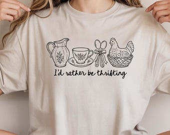 Thrifting SVG PNG, I'd Rather Be Thrifting Quote, Vintage Cottagecore Tea Chicken Design, Retro Cricut Cut File, Sublimation PNG