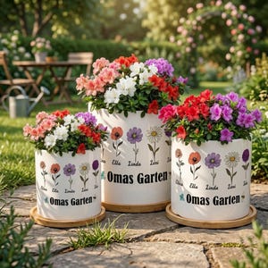 May include: Three white ceramic flower pots filled with colorful azalea flowers. Each pot features floral illustrations and the text "Omas Garten" with names. The pots sit on wooden saucers, creating a charming garden scene.