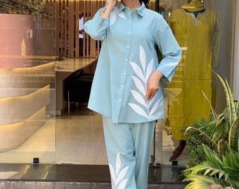 Blattmuster Baumwolle Co-ord Set, Bestickte Kurta Hose, Sommeroutfit mit Taschen