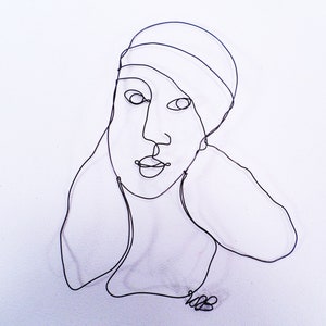 Girl with Long Hair and Stylish Cap Wire Wall Drawing Original