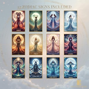 Könnte beinhalten: Zwölf Illustrationen von Tierkreiszeichen, jede zeigt eine Frau in einem fließenden Kleid vor einem Vollmond und Himmelselementen. Der Text "12 ZODIAC SIGNS INCLUDED" befindet sich oben.