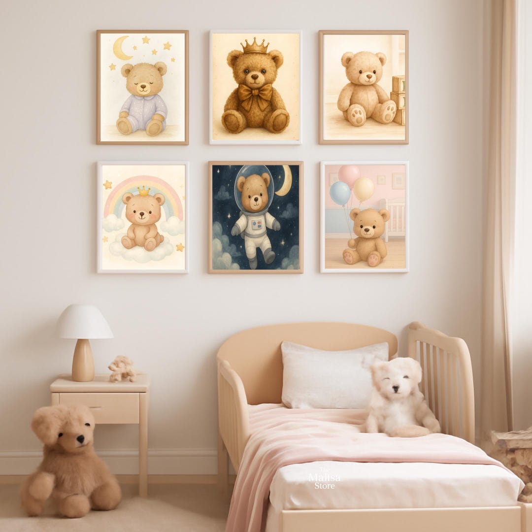 Teddy Bear Nursery Wall Art Set of 6 – Printable Baby Room Decor – Cute ...