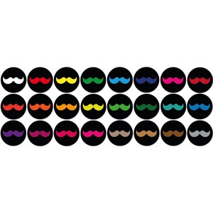 May include: A collection of twenty-four black circles, each featuring a different colored mustache. The mustaches are in various colors, including white, red, yellow, green, blue, purple, pink, orange, and brown. The background is white.
