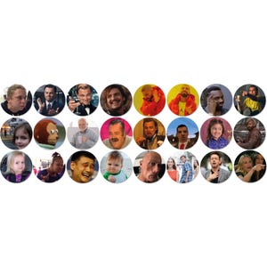 Peut inclure: Une collection d'images de mèmes circulaires mettant en vedette diverses personnalités d'Internet et des moments viraux. Les images sont disposées en grille, présentant une variété d'expressions et de poses, axées sur l'humour et la culture Internet.