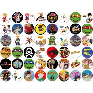 Set med 48 vintage retro tecknade nålar – barndoms- och popkulturknappar 25 mm - 2,5 cm