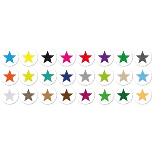 May include: A collection of colorful star stickers in various shades, including blue, yellow, black, pink, and red. Each star is centered on a white circle, creating a vibrant and playful design. The stickers are arranged in neat rows.