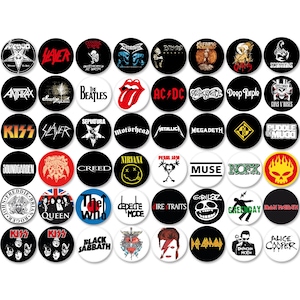 Op de afbeelding: Een verzameling ronde buttons met logo's van rock- en metalbands, waaronder KISS, Nirvana en The Beatles. De buttons zijn voornamelijk zwart en wit met kleuraccenten en zijn gerangschikt in een raster.