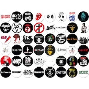Peut inclure: Ensemble de boutons ronds noirs et blancs avec les logos et noms de groupes de rock, dont AC/DC, Metallica et Nirvana. Ces badges sont des accessoires populaires pour vestes et sacs.
