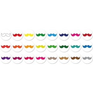 May include: A collection of colorful mustache stickers on white circular backgrounds. The mustaches are in various colors, including red, yellow, green, blue, purple, and brown. The stickers are arranged in a grid pattern.