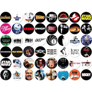 Lote com 48 broches de cinema vintage - filmes cult e botões de cultura pop 25 mm - 1 pol.