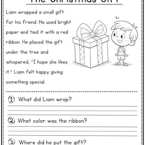 Christmas reading comprehension story The Christmas Gift with 3 questions by JoyWaveDigital.