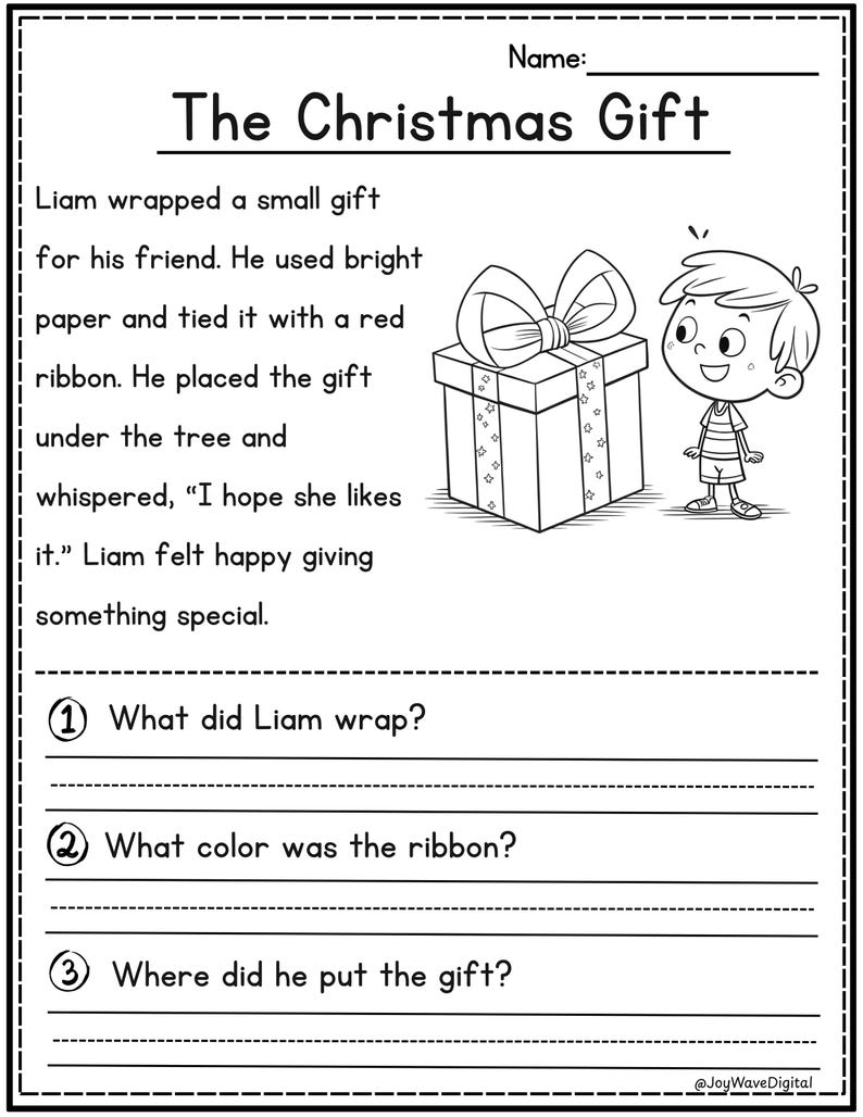 Christmas reading comprehension story The Christmas Gift with 3 questions by JoyWaveDigital.