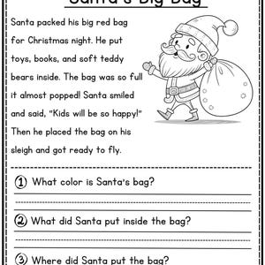 Christmas reading comprehension story Santa's Big Bag with 3 questions by JoyWaveDigital.