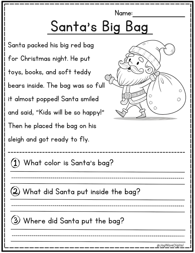 Christmas reading comprehension story Santa's Big Bag with 3 questions by JoyWaveDigital.