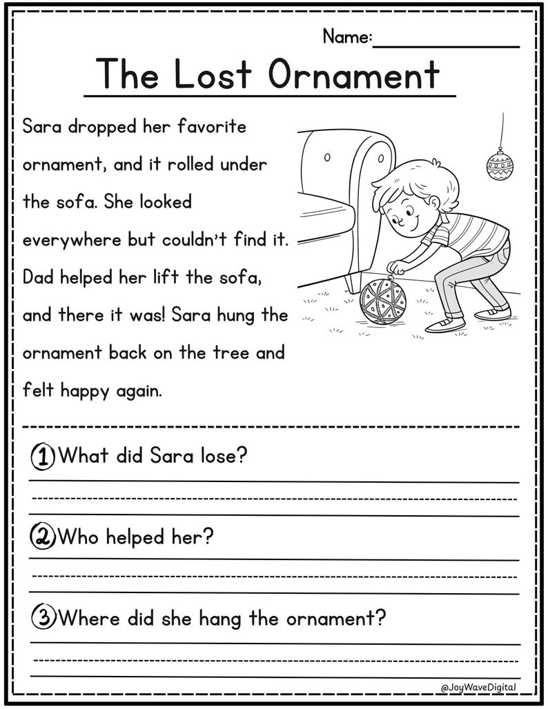 Christmas reading comprehension storyvThe Lost Ornament with 3 questions by JoyWaveDigital.
