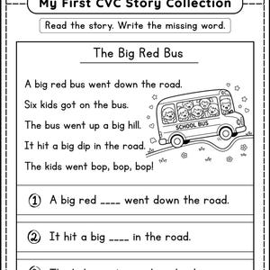JoyWaveDigital My First CVC Story Collection worksheet 
The Big Red Bus short CVC phonics reading story with 
fill in the blank questions and school bus illustration 
for Kindergarten and First Grade printable phonics PDF