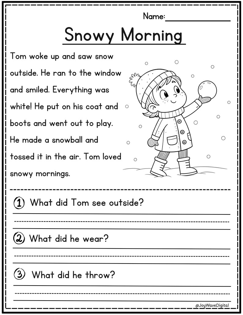 Christmas reading comprehension story snowy morning with 3 questions by JoyWaveDigital.