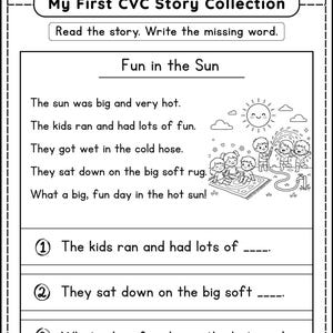 JoyWaveDigital My First CVC Story Collection worksheet 
Fun in the Sun short CVC decodable reading passage with 
three fill in the blank comprehension questions and kids 
playing illustration for Kindergarten First Grade PDF