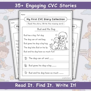 CVC Reading Comprehension Worksheets Kindergarten First Grade – 35+ Short Phonics Stories – Digital Download Printable
