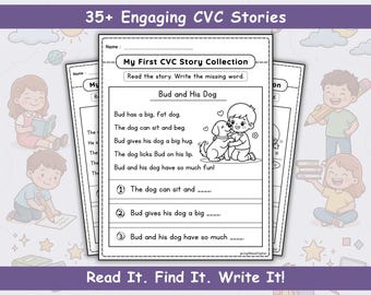 CVC Reading Comprehension Worksheets Kindergarten First Grade – 35+ Short Phonics Stories – Digital Download Printable
