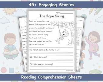 Hojas de trabajo de comprensión lectora para jardín de infantes y primer grado: más de 45 historias, descarga instantánea e imprimible.