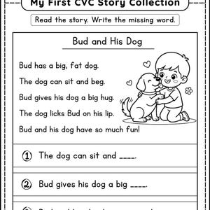 JoyWaveDigital My First CVC Story Collection worksheet 
Bud and His Dog short CVC decodable reading passage 
with fill in the blank comprehension questions and cute 
illustration for Kindergarten First Grade phonics PDF