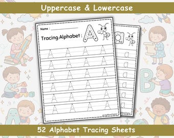 Hojas de trabajo para trazar el alfabeto (mayúsculas y minúsculas) / Paquete de 52 páginas / Práctica de letras para preescolar, jardín de infantes, escritura a mano imprimible