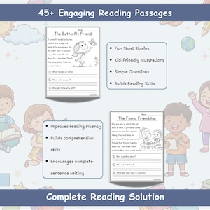 JoyWaveDigital Reading Skills Builder showing comprehension questions, fluency practice passages, sight words, picture support illustrations, and written response activities for young learners in grades KDG-1