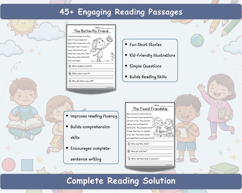 JoyWaveDigital Reading Skills Builder showing comprehension questions, fluency practice passages, sight words, picture support illustrations, and written response activities for young learners in grades KDG-1