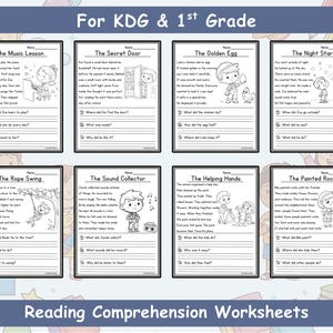 JoyWaveDigital 45+ Reading Comprehension Stories collection featuring The Music Lesson, The Secret Door, and The Golden Egg with simple black and white illustrations and fill-in-the-blank answer lines for early readers
